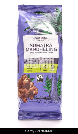 SWINDON, UK - FEBRUARY 5, 2021:  Packet of singel origin fairtrade Sumatra Mandheling 100% Arabica Ground Coffee on a white background Stock Photo