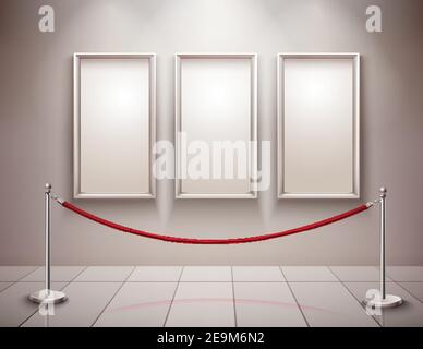 Three realistic empty picture frames with stanchion museum exhibition background vector illustration Stock Vector