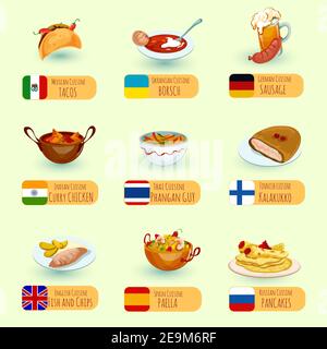 World food international cuisine dishes decorative icons set with sausage fish and chips chicken curry isolated vector illustration Stock Vector