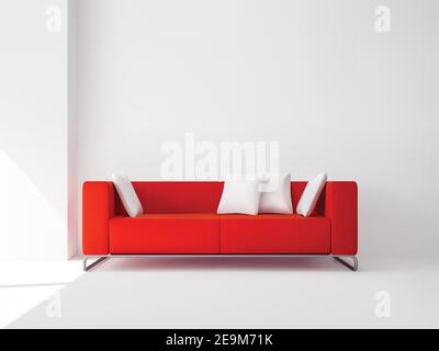 Realistic red square sofa on the metal legs with white pillows interior vector illustration Stock Vector