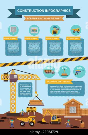 Construction infographics set with trucks excavator and building machinery vector illustration Stock Vector