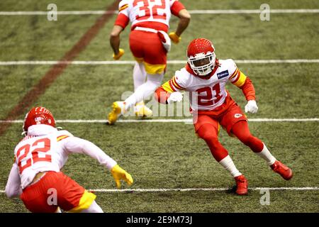 Kansas City Chiefs cornerback Bashaud Breeland (21) loses his helmet while  tackling Las Vegas Raiders fullback Alec Ingold (45) during an NFL football  game, Sunday, Oct. 11, 2020, in Kansas City, Mo. (