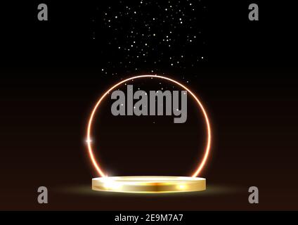 Glowing neon golden circle with sparkles in fog on gold podium. Abstract round electric light frame on dark background Stock Vector