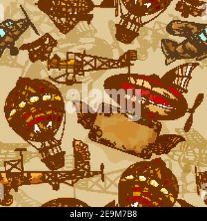 Aeronautic transport old style aviation machines seamless pattern hand drawn vector illustration Stock Vector