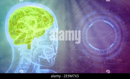 holo human head image with highlighted brain and empty space on the right for your image - cyber medical 3D illustration Stock Photo