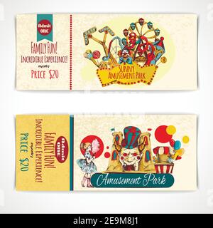 Amusement fun festival park tickets hand drawn set isolated vector illustration Stock Vector