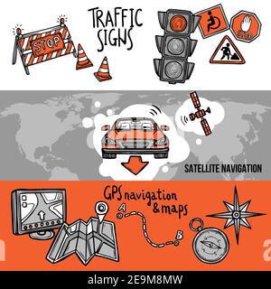 Navigation horizontal hand drawn banner set with traffic signs gps and maps elements isolated vector illustration Stock Vector