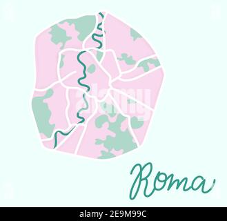 Cartoon flat map of the center of the Rome. Tiber river is dark green, the land is pink. Funny cute European Italian city map. Vector illustration Stock Vector