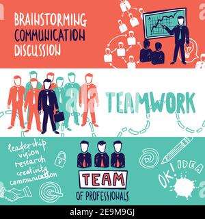 Teamwork banners horizontal set with brainstorming communication discussion sketch elements isolated vector illustration Stock Vector