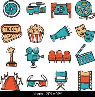 Cinema decorative icons colored set with video screen film camera movie ticket isolated vector illustration Stock Vector