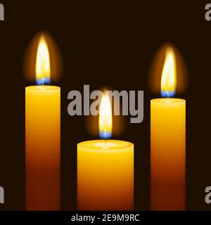 Set of three burning candles on dark background Stock Vector