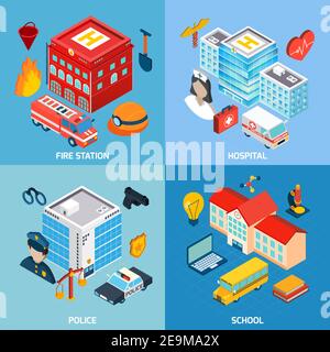 Municipal buildings design concept set with fire station hospital police and school isometric icons isolated vector illustration Stock Vector