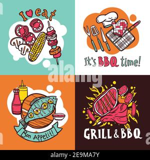 Bbq grill design concept set with meat and fish barbeque sketch icons isolated vector illustration Stock Vector