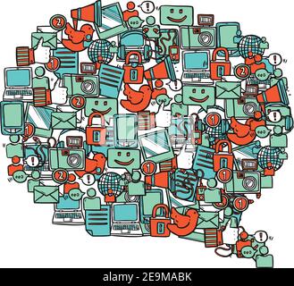 Social media concept with hand drawn communication icons in speech bubble shape vector illustration Stock Vector