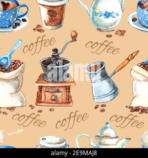 Decorative vintage style hand drawn watercolor coffee set items with cezve and grinder seamless pattern vector illustration Stock Vector