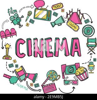 Cinema design concept with hand drawn movie art icons set vector illustration Stock Vector
