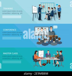 Conference banner set with training master class flat elements isolated vector illustration Stock Vector