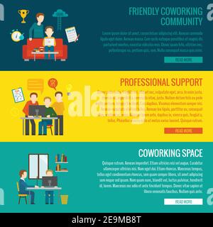 Coworking space center banner set with friendly community professional support elements isolated vector illustration Stock Vector