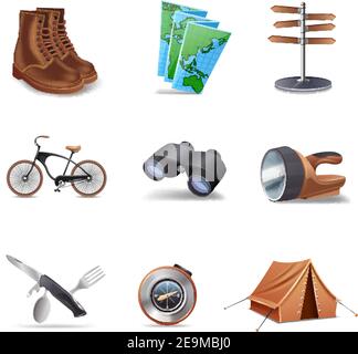 Hiking realistic decorative icons set with boots map bike isolated vector illustration Stock Vector