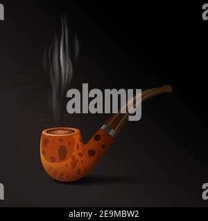 Realistic old style smoking tobacco pipe on black background vector illustration Stock Vector