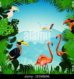 Tropical forest background with exotic plants and wild birds vector illustration Stock Vector