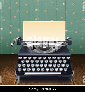 Retro style realistic typewriter with paper sheet on wooden desk with wallpaper background vector illustration Stock Vector