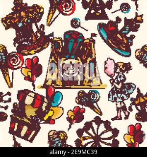 Amusement park hand drawn seamless pattern with family attractions and sweets vector illustration Stock Vector