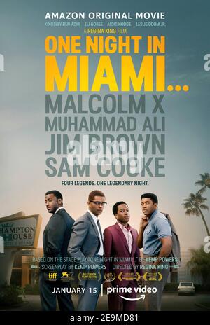 One Night in Miami (2020) directed by Regina King and starring Kingsley Ben-Adir, Eli Goree and Aldis Hodge. A fictional account of one incredible night where icons Muhammad Ali, Malcolm X, Sam Cooke, and Jim Brown gathered discussing their roles in the Civil Rights Movement and cultural upheaval of the 60s. Stock Photo