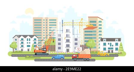 Housing complex under construction - colorful flat design style illustration. Urban landscape with apartment houses, cottages, road with cars. Builder Stock Vector