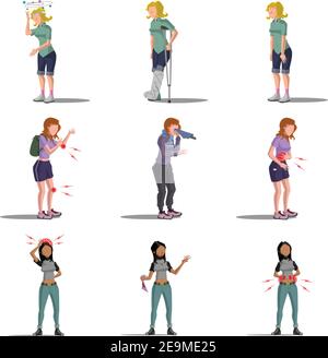 Medicine disease woman flat characters set with allergy vertigo fracture illness isolated vector illustration. Stock Vector