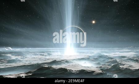 The huge geysers on Jupiter's icy moon Europa. 3d illustration Stock Photo