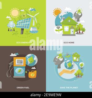 Eco energy design concept set with green fuel planet home flat icons isolated vector illustration Stock Vector