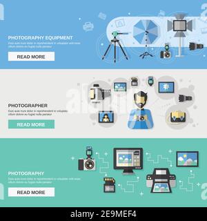 Photography horizontal banner set with photographer equipment flat elements isolated vector illustration Stock Vector