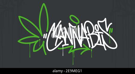 Graffiti Style Hand Written Word Cannabis With Cannabis Leaf Vector Illustration Art Stock Vector