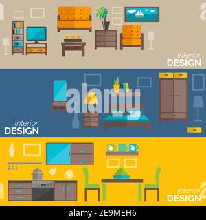 Home interior design for kitchen bed and sitting rooms furnishing flat banners set abstract isolated vector illustration Stock Vector