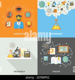 Science and research design concept set with scientist theory and experiment flat icons isolated vector illustration Stock Vector