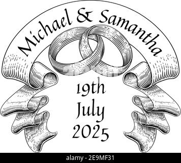 Wedding Rings Intertwined Vintage Woodcut Design Stock Vector