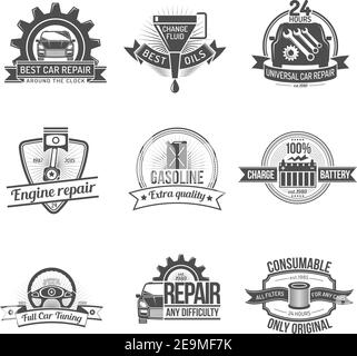 Premium quality auto service car repair industry emblem set isolated vector illustration Stock Vector