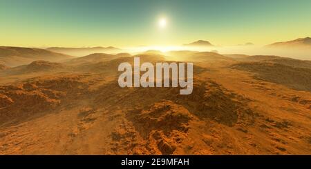 Sunset on Mars. Martian landscape. 3D rendering Stock Photo