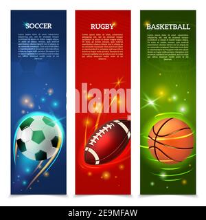 Sport vertical banners set with glowing soccer rugby and basketball balls isolated vector illustration Stock Vector