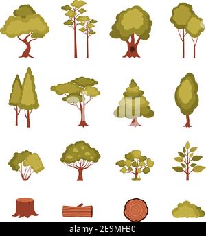 Forest elements set with trees bushes plants log and stump isolated vector illustration Stock Vector