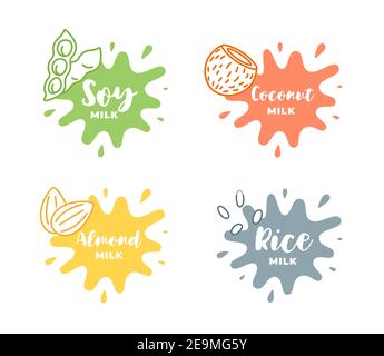 Soy, almond, coconut and rice milk logotype set in splash form with drops. Packaging badge design element set. Hand drawn healthy vegan drinks labels. Isolated logo collection vector eps illustration Stock Vector