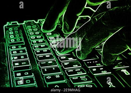 Keys on black keyboard and hand in green, abstract illustration Stock Photo