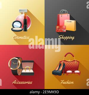 Women shopping design concept set with cosmetics accessories and fashion realistic icons isolated vector illustration Stock Vector