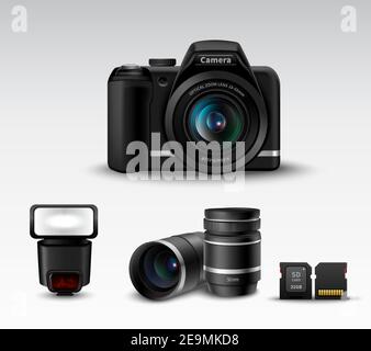 Realistic photo camera and flash lens sd card accessory set vector illustration Stock Vector