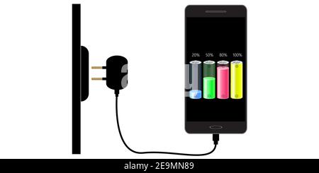 Charging your phone battery. Charging the phone. Vector illustration. Stock Vector