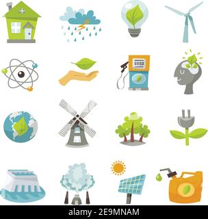 Eco renewable recycling energy icons flat set isolated vector illustration Stock Vector