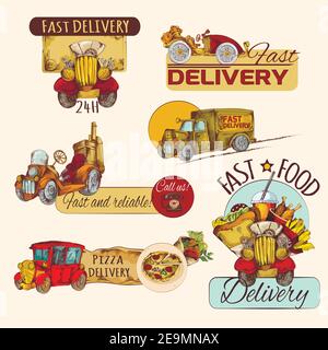 Retro cars fast food delivery hand drawn emblems set isolated vector illustration Stock Vector