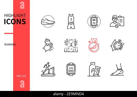 Running - modern line design style icons set. Sport and exercising concept. Sportive equipment images. Shoes, clothing, heart rate monitor, trainer, w Stock Vector