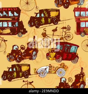 Vintage transport steampunk cars bikes transport colored seamless pattern vector illustration Stock Vector